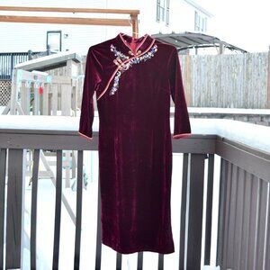 Red Velvet Flower Embroidered Qipao Midi Dress - Chinese Cheongsam